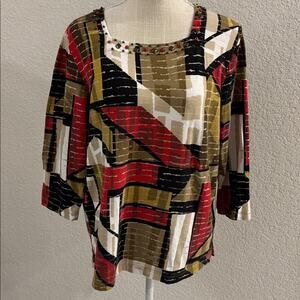 Alfred Dunner Colorful Geometric Print Top Embellished Neckline Shirt Office - S